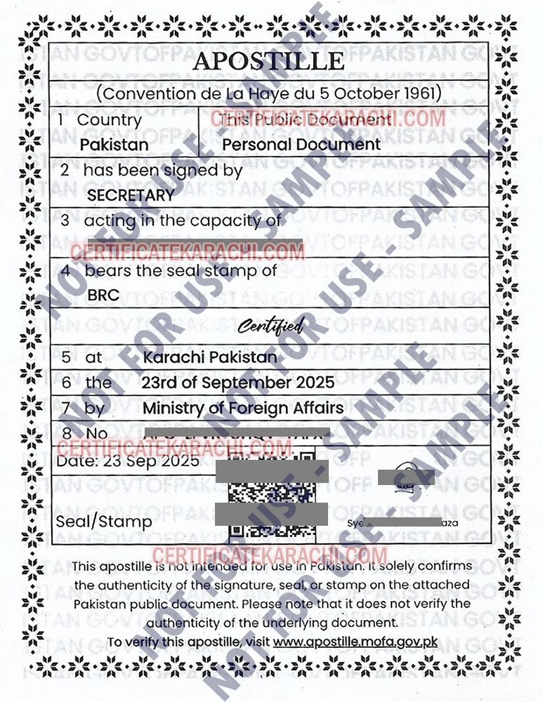 Apostille Authentication of Documents in Pakistan Sample Certificate